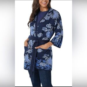 Isaac Mizrahi Live! Floral Jacquard Belted Cardigan in Blue Size Medium EUC